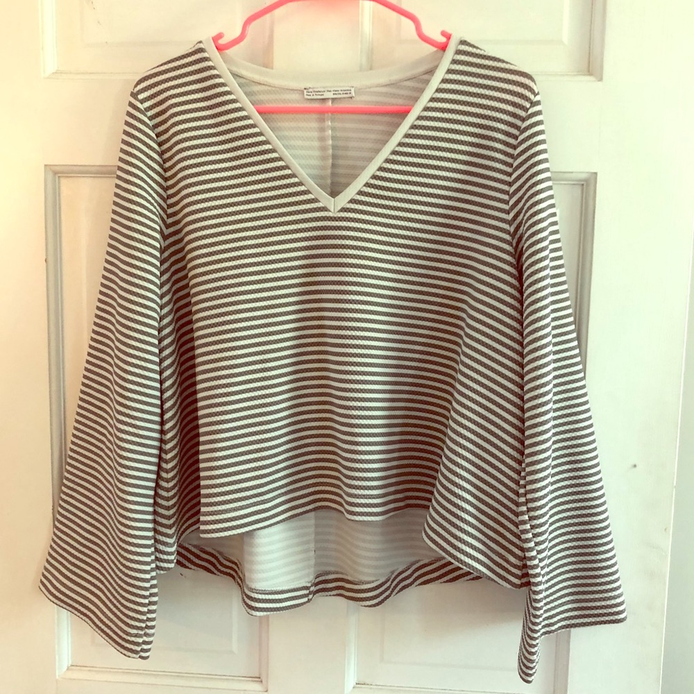 NWOT Zara Grey & White Striped Bell Sleeve Top